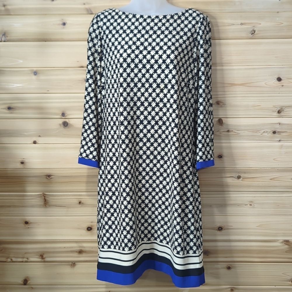 Eliza J Dress Womens 10 Tan Black Weave Pattern Sheath Zip Back Preppy